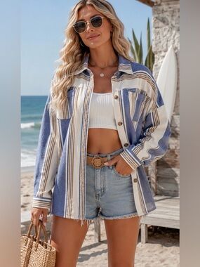 Aerie XXL Blue White Tan Striped Shacket Shirt Jacket 100% Cotton Oversized Butt